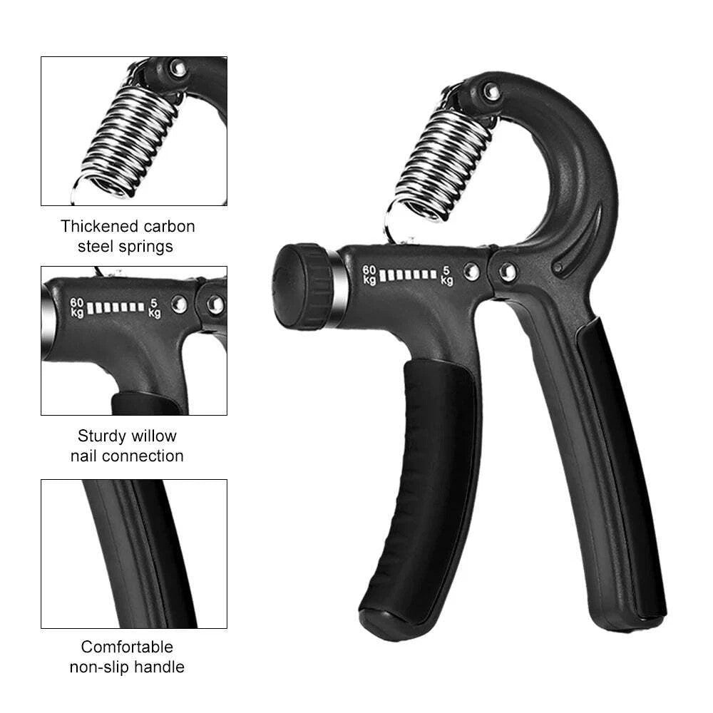 Black hand grip with spring mechanism and detailed features on a white background