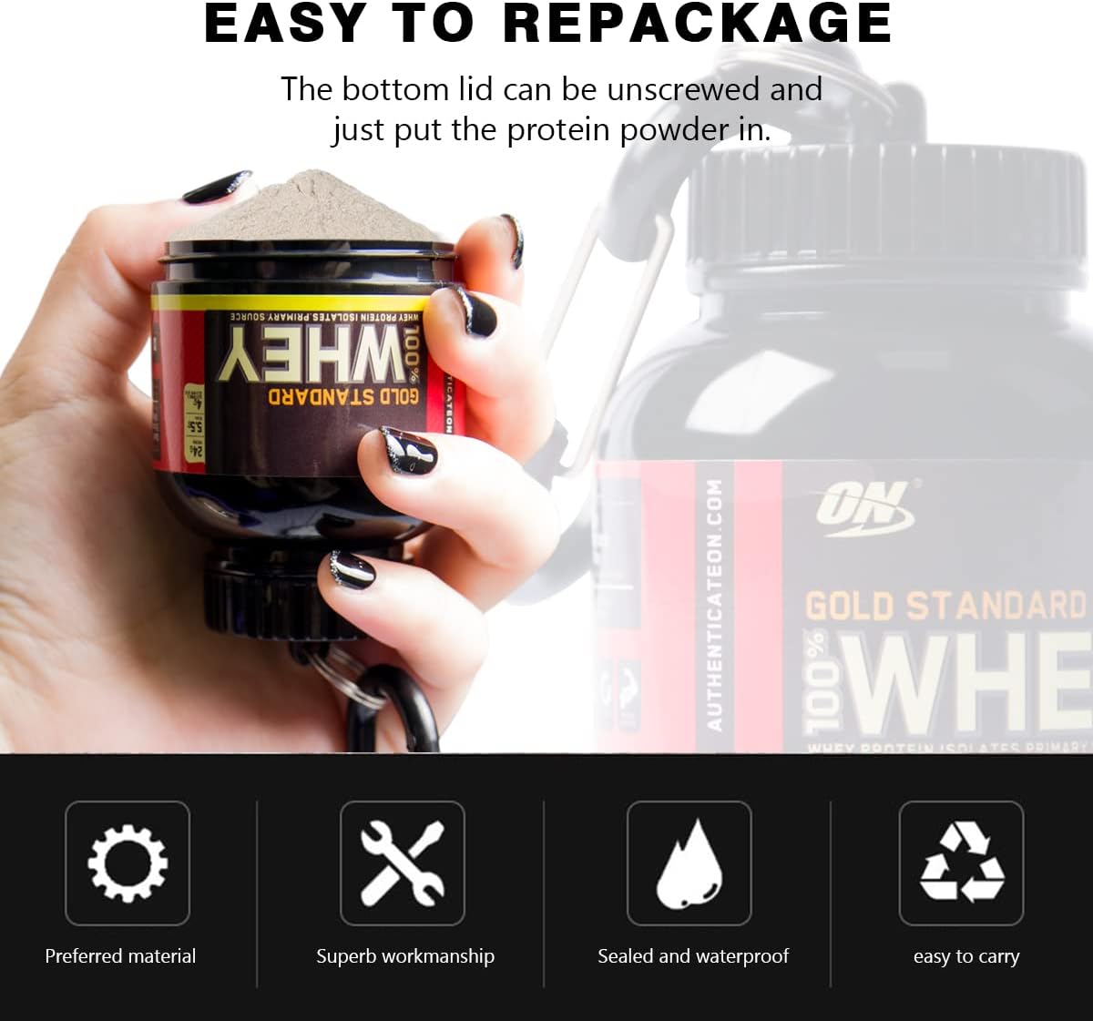 Portable Protein Powder Container with Funnel - 60g Capacity Black