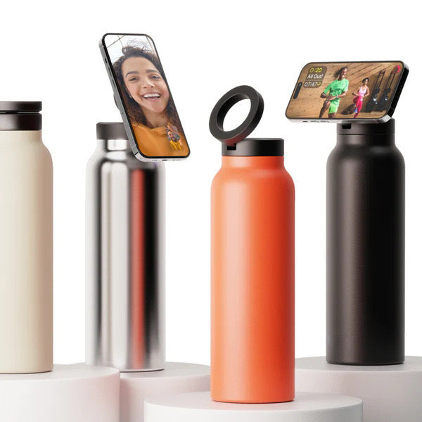 Set of four insulated water bottles in different colors with smartphone screens showing people on a white background.