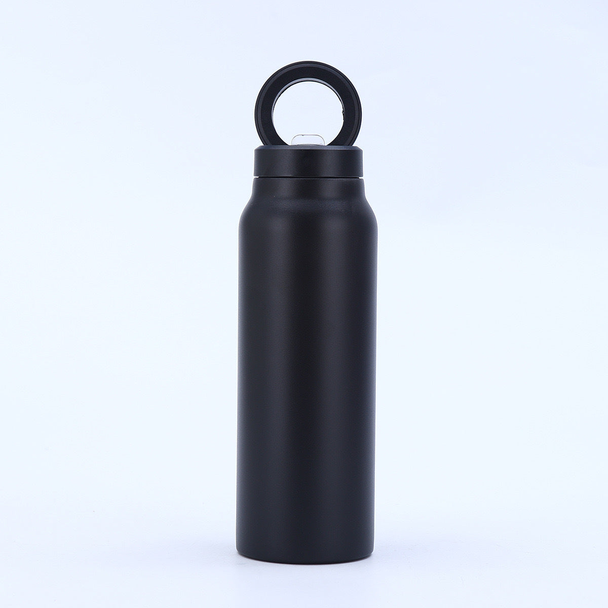 Set of four insulated water bottles in different colors with smartphone screens showing people on a white background.