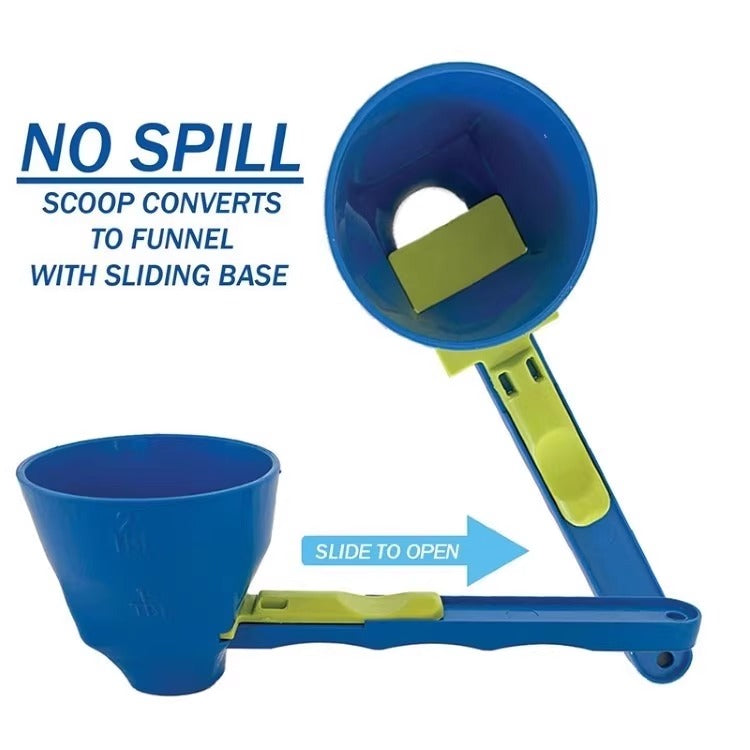 Blue spill-proof measuring spoon with funnel for protein powder